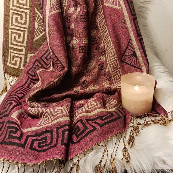 Pashmina EXOTIC Shoulder Wrap Shaw 68" x 25" Maroon & Gold LARGE Fringe Aztec - Picture 5 of 13
